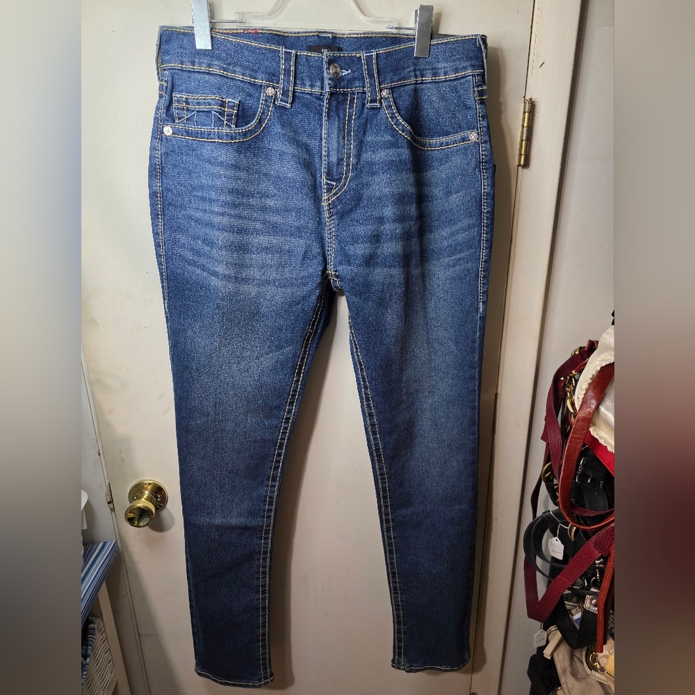NWT True Religion Blue Medium Abyss Wash Rocco Big T Skinny 34 X 31.5